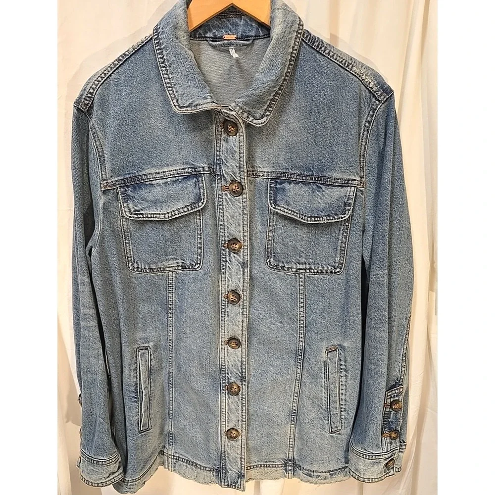 Free People Denim Jean Jacket Distressed Trucker Moto Womens L Y2K Boho‎ - Picture 3 of 6
